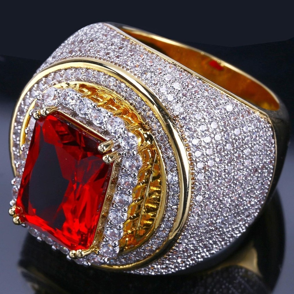 Cincin Moissanite Emas Pria Trendy dengan Pave Mikro Ruby Cincin Hip-Hop