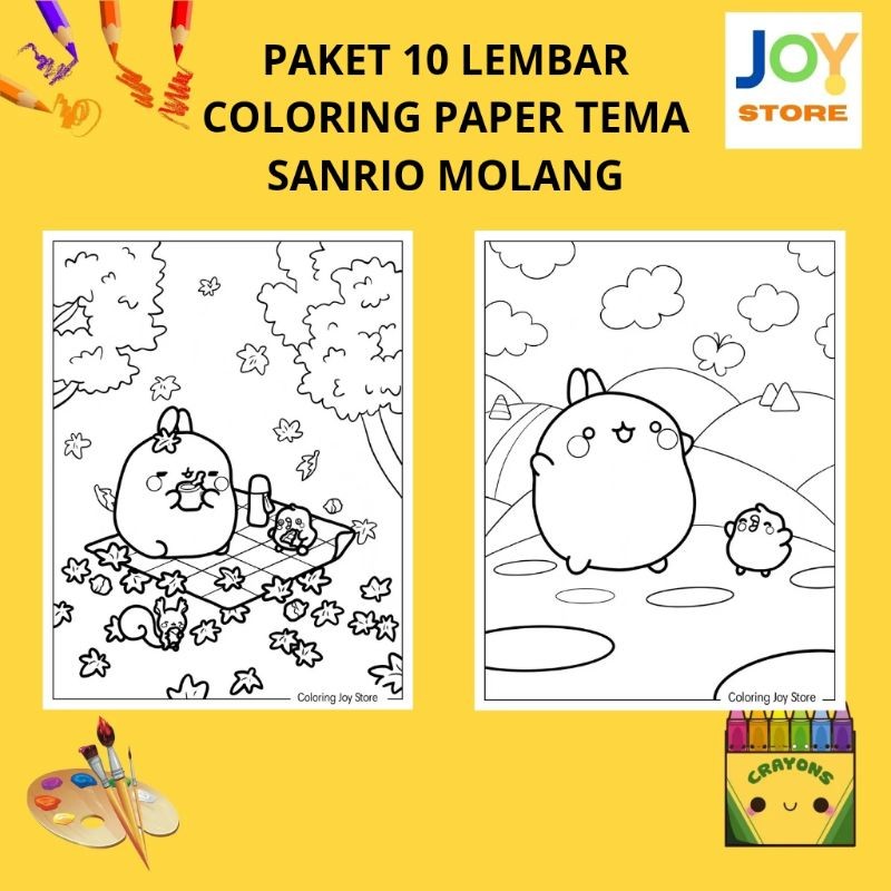 

PAKET 10 Lembar Kertas Gambar Mewarnai Tema Sanrio Molang Ukuran A4 150 gsm - Coloring Paper 041