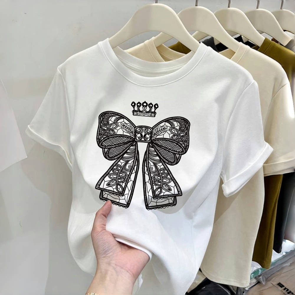 Kaos Oblong Pola Pita Putih/Kaos Oversize Wanita Lengan 3/4