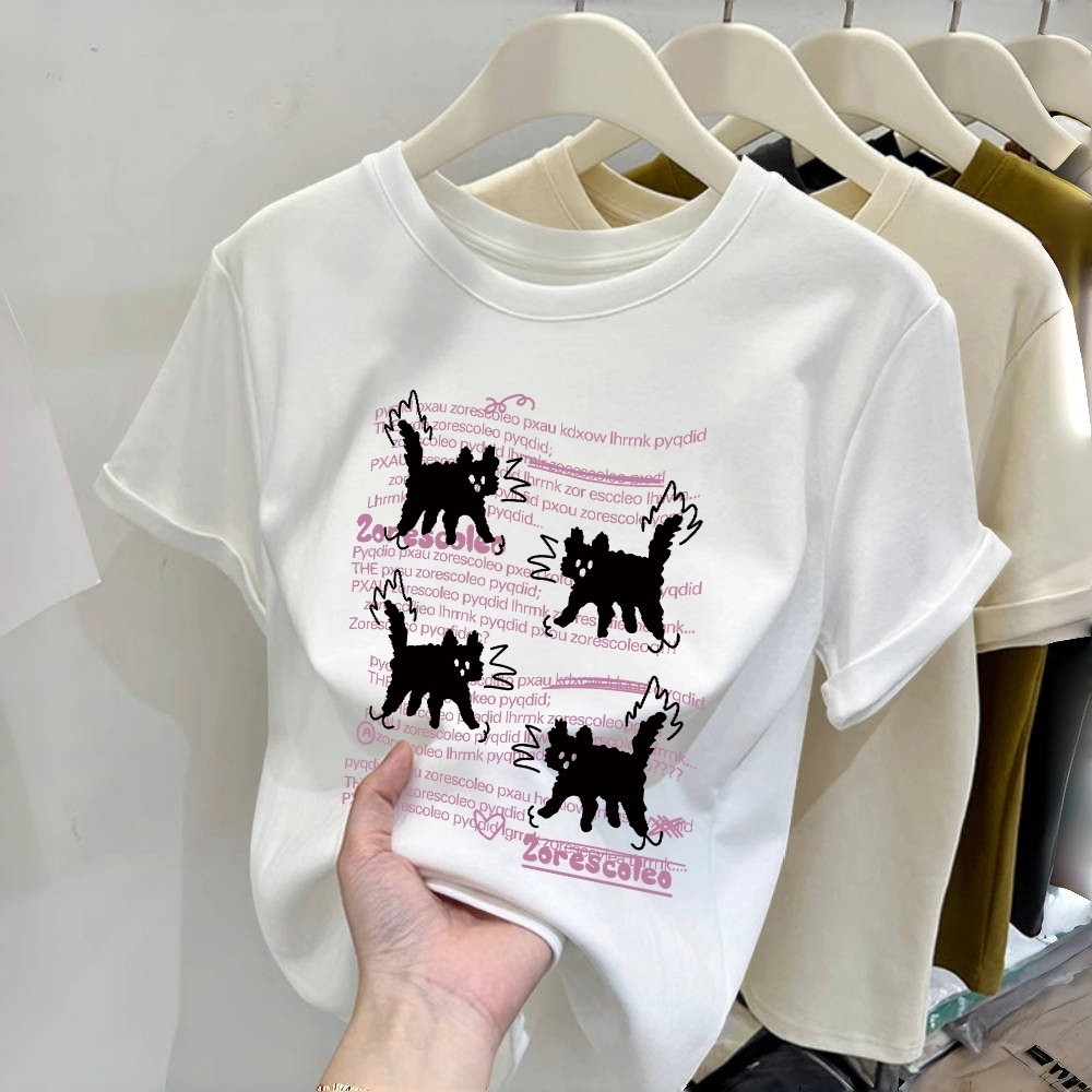 Kaos bergambar kucing putih/T-shirt oversized lengan 3/4 wanita