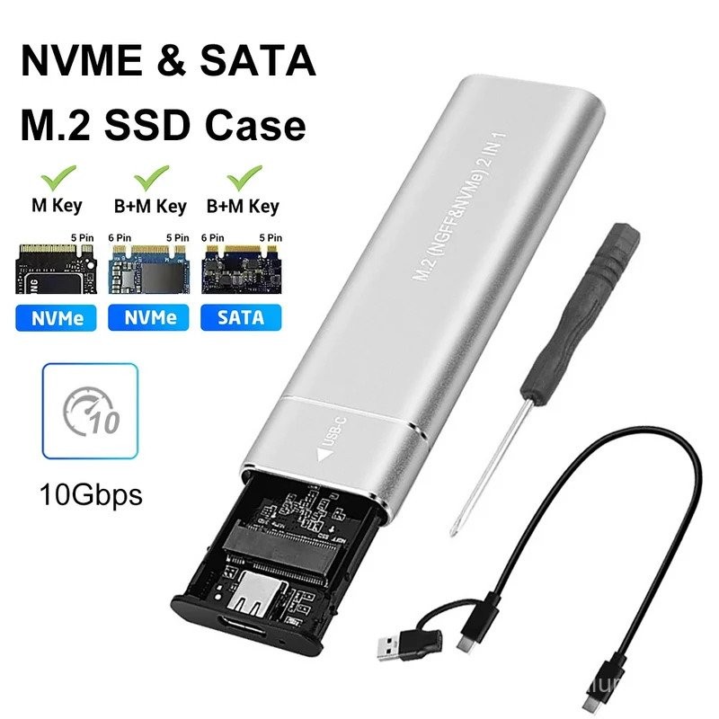 Kotak SSD M2 Protokol Ganda NVMe SATA Adaptor Kandang SSD 10Gbps B 3.1 Tipe C Kandang Eksternal M.2 