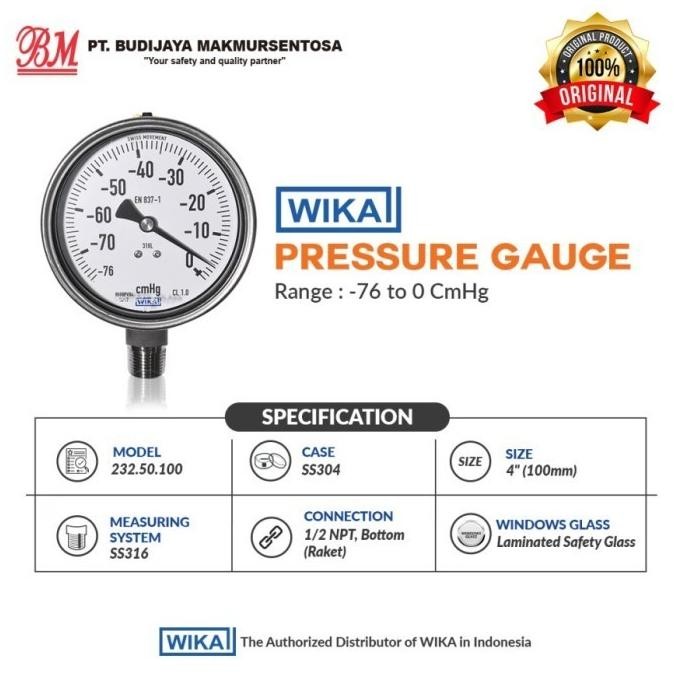 WIKA PRESSURE GAUGE 232.50, SIZE 4", 1/2" NPT, -760 mmHg - 0