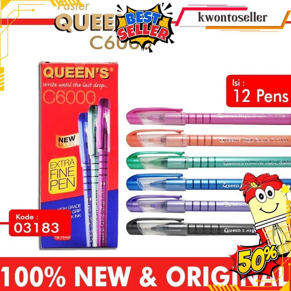 

Pulpen Ballpoint Pena Faster Queen'S C6000 Extra Fine 0.7 Mm Hitam 12 Pcs Termurah Banget