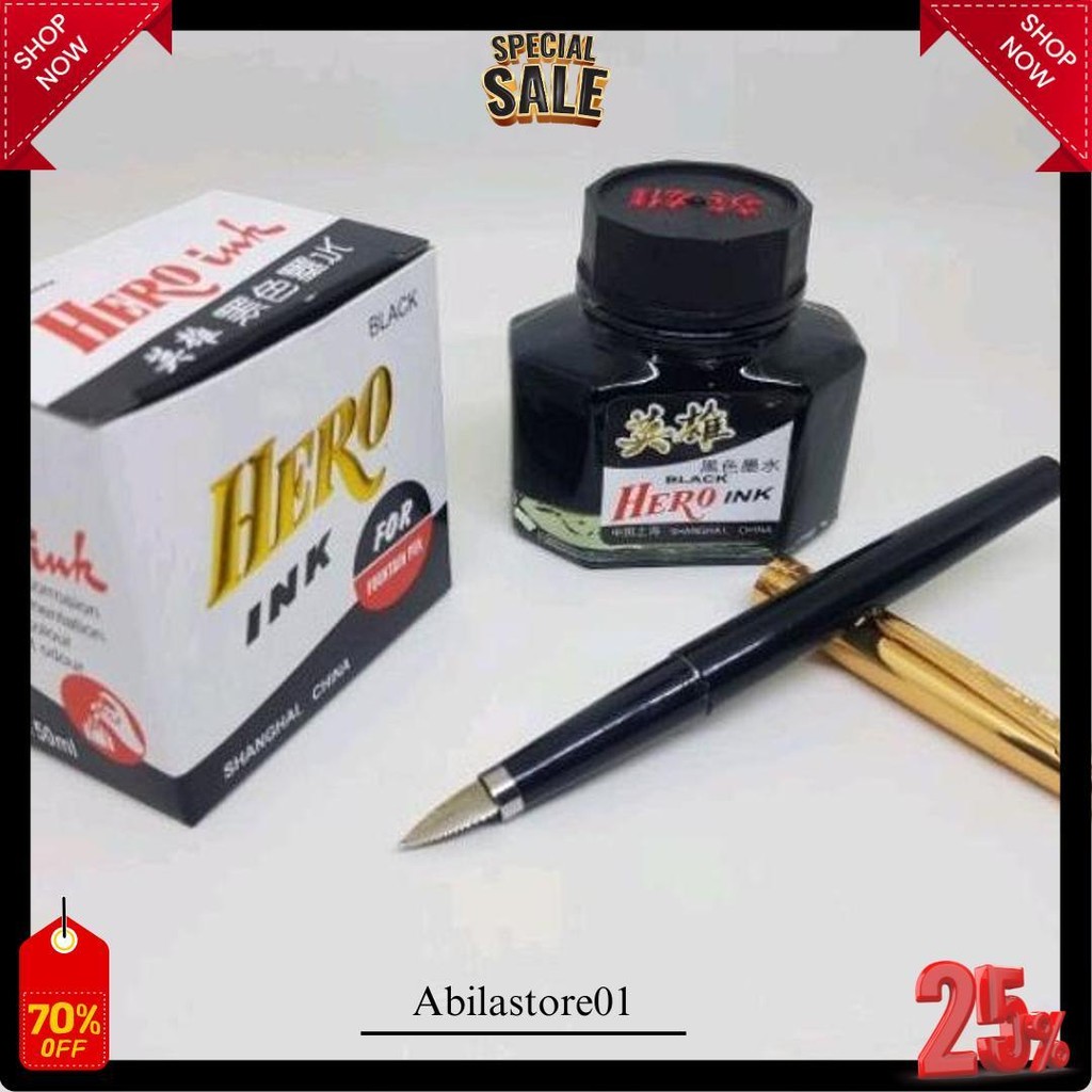 

Paket Siap Pakai..Tinta Botol Hero Ink Black + Fountain Pen Hover Black Nib Fine 0,3Mm / Broad 2Mm. Pen Pulpen.Alat Tulis Original Produk