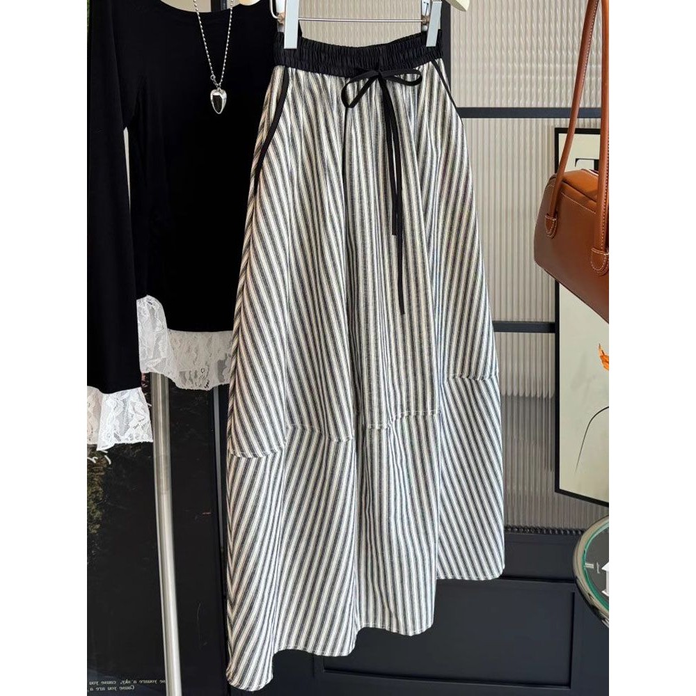 Rok Midi Bergaris Retro Prancis a Rok Garis