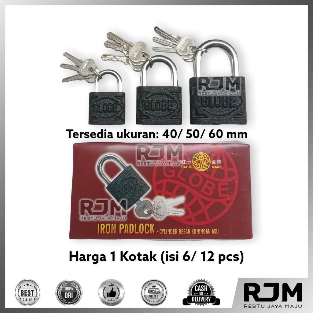 [ 6 / 12 pcs ]GLOBE Gembok Hitam Kunci Pintu Rumah Pagar Koper 40 50 60 mm