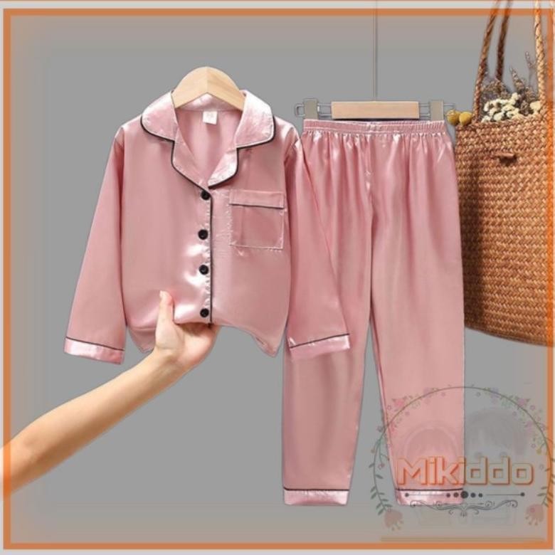 Stelan Baju Tidur Piyama Dusty Pink Anak Lengan Panjang Pp Satin Silky Polos