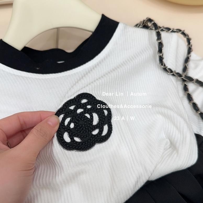 Setelan Anak Perempuan Import Rok Plisket Kancing Rib Flower Fashionable