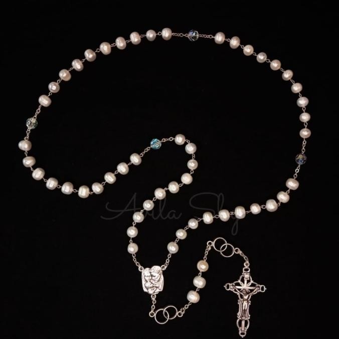 Produk Unggulan] Rosario Wedding Mutiara Air Tawar 2 Ring Rohani Katolik