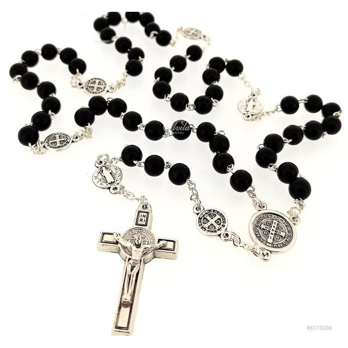 Kualitas terbaik] Rosario Kayu Hitam Pater St. Benedictus Rohani Katolik