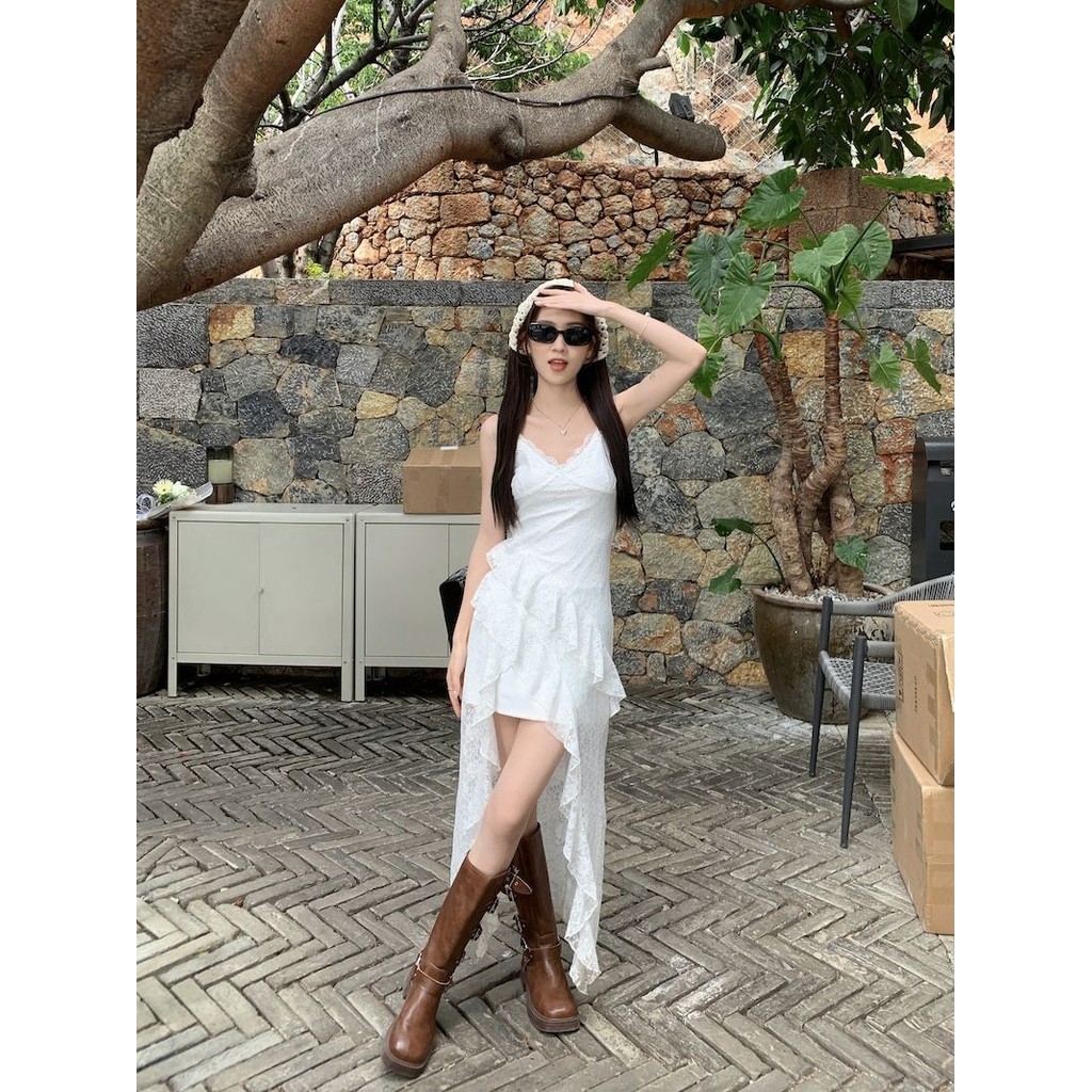 SENYOUMAI Gaun Suspender Renda Gaya Cewek Seksi Rok Berumbai Tidak Beraturan Wanita Rok Pinggul Ramp