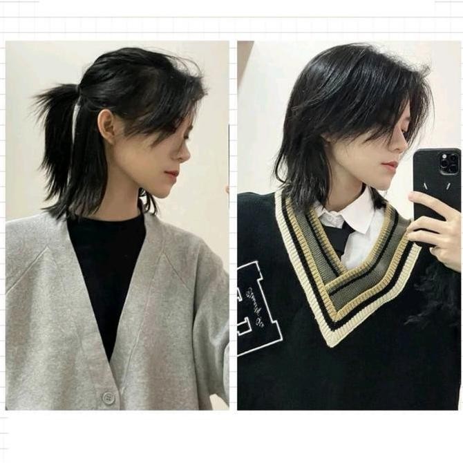 Sale Wig Pria Rambut Gondrong Lurus Dengan Poni Warna Hitam Natural Wig Rambut Palsu Mullet Gaya Cow