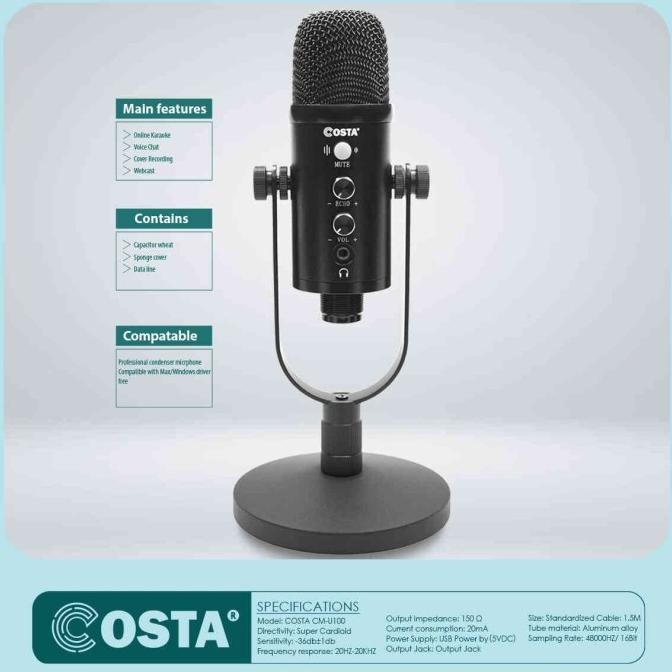 Murah Costa Cm-U100 Microphone Usb Professional Condenser Podcast,Vocal