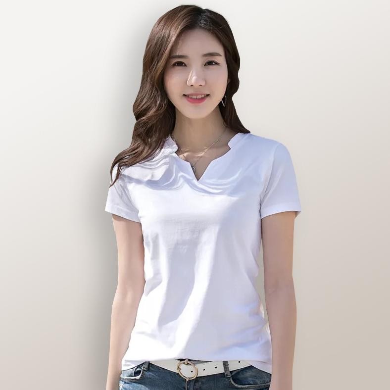 dw-45 Kaos Lengan pendek wanita Gaya Korea variasi Leher V - TheXshop Alpha Original