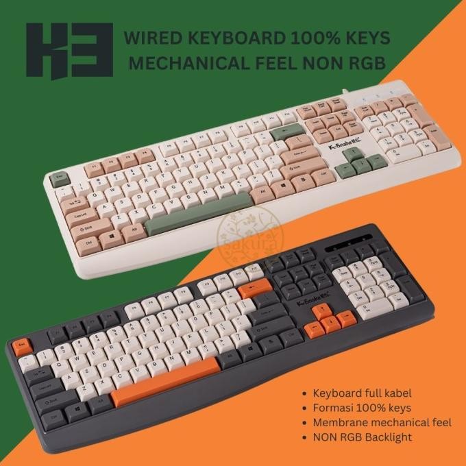 TERLARIS - K-Snake K3 Keyboard 100% Keys Mechanical Feel Non RGB Light
