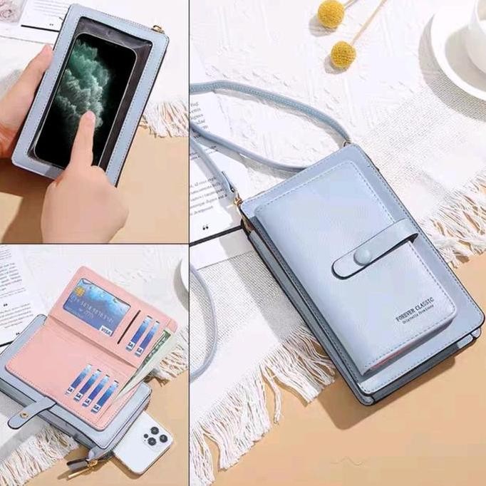 Dompet HP wanita kulit Touchscreen Tas selempang wanita kulit Polos Dompet Kartu SAMD