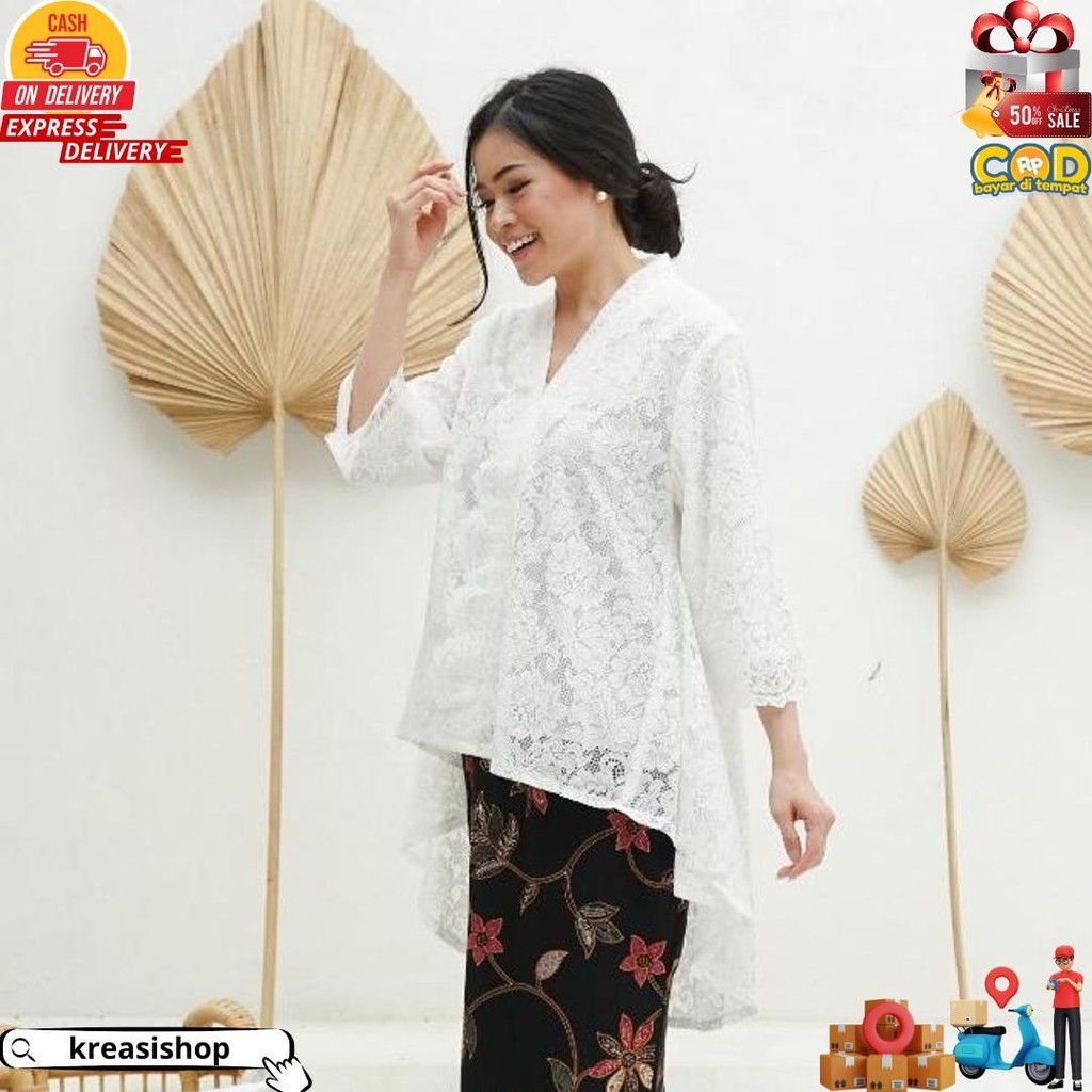 Ibukebaya - Kebaya Encim Modern Panjang Belakang Penguin Brukat Putih Hitam Promo Puncak