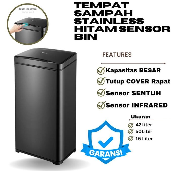 Tempat Sampah Stainless HITAM Sensor Bin Gerak Smart Trash Otomatis murah