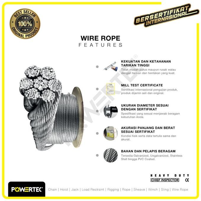 Wire Rope / Kawat Seling Baja 19X7 Iwrc 20Mm Nr Powertec - 1 Meter New Stok