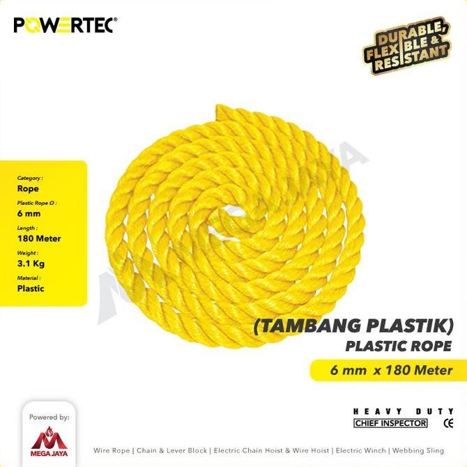 

Powertec Tali Tambang Plastik 6Mm X 180M Plastic Rope - Kuning New Stok
