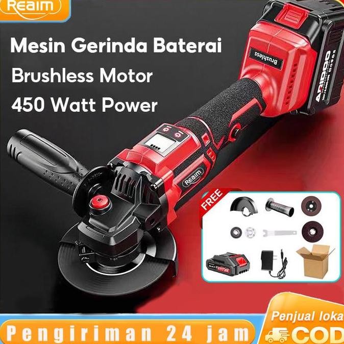 Reaim 2 Baterai Alat Mesin Angle Gerinda Baterai Cordless Brushless 4Inch 450W Grinder modern mesin 
