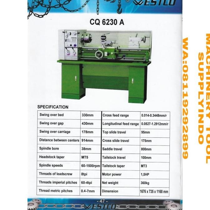 MESIN BUBUT MANUAL MERK WESTCO TYPE CQ 6230 A (FREE ONGKIR JAKARTA) murah