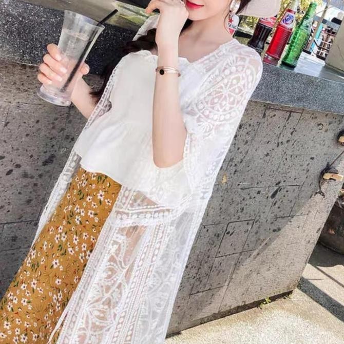 Grosir [ Vorry Lace Cover Up Outer ] Fit Size M-Xl Fashion Wanita Luaran Cantik Baju Pantai Menerawa