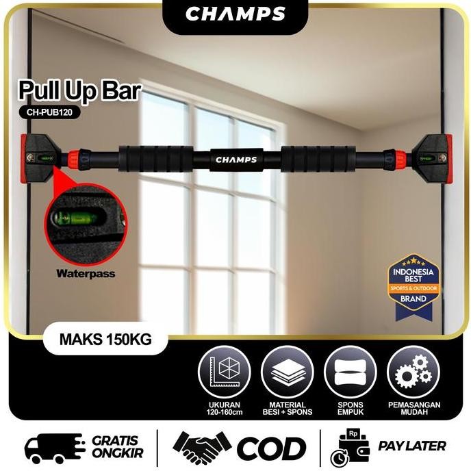 BEBAS ONGKIR - CHAMPS CH-PUB120 Pull Up Bar 120 - 160 cm | Tiang Chin Up Adjustable | Olahraga Pintu