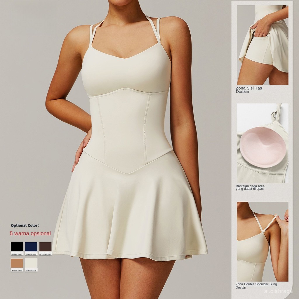 Rok Tenis Sport Anti Eksposur Dres Selempang Wanita Dasar Saku A Rok Pendek