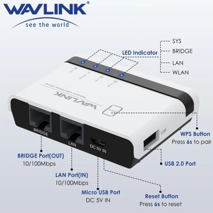 Wavlink Wl-Nu516U1 Wireles Usb Print Server Wifi 2.4G 10/100Mbps Co
