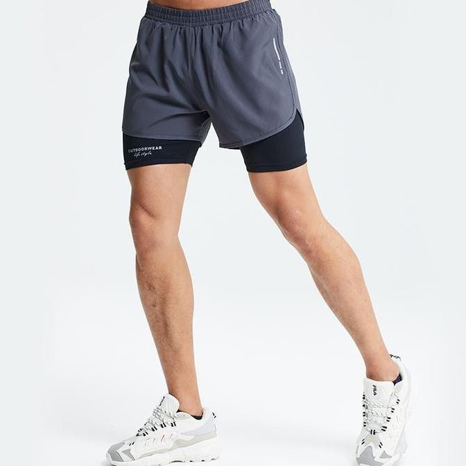 KAMB celana olahraga pria sportswear compression 2 in 1 short