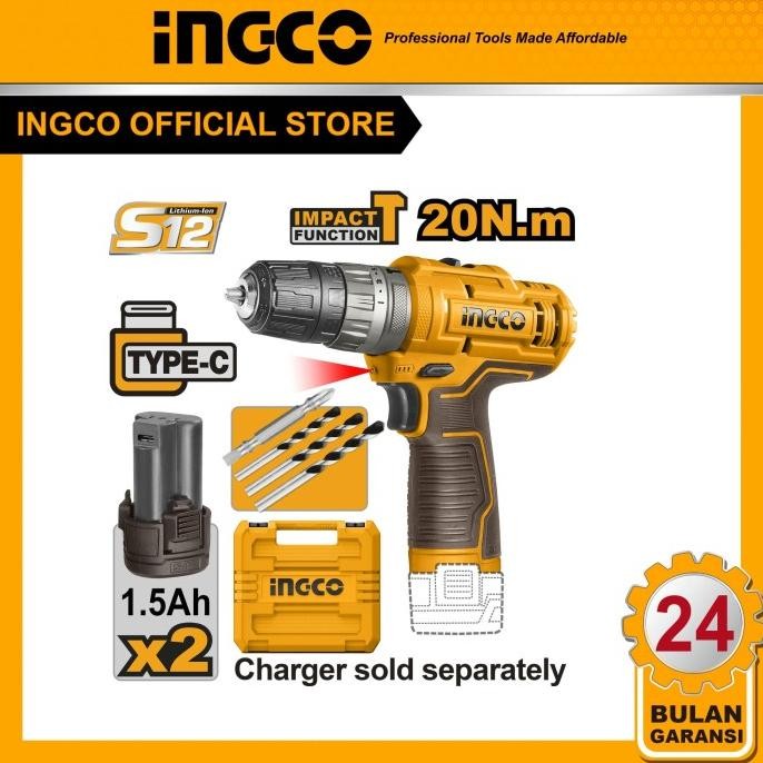 Sale Ingco 12V Bor Impact Cordless 2 Kecepatan Dengan 1 Pcs Bit Cr-V 65Mm, 3 Pcs Mata Bor Masonry, D