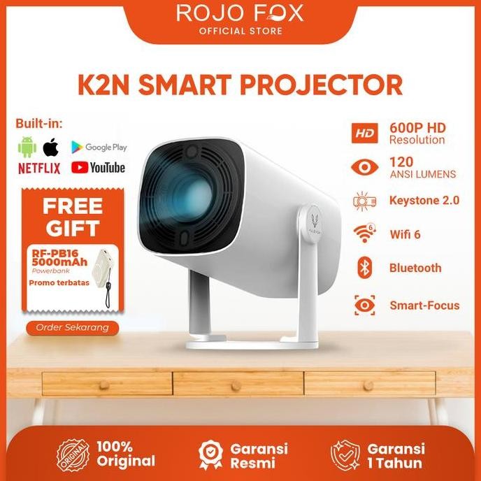 Rojo Fox Mini Proyektor Portable Hp K2N - Android 720P Hd, 1Gb+8Gb, Smart Projector Dengan Wifi 6 & 