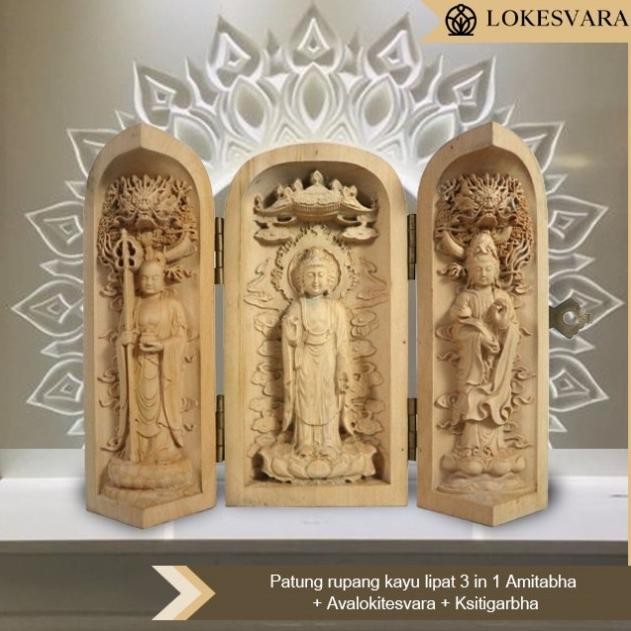 ><><><] Patung Rupang Kayu Lipat 3 in 1 Amitabha & Avalokitesvara & Ksitigarbha