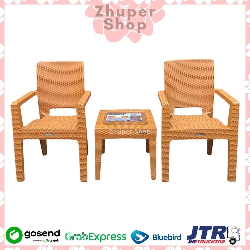 1 Set 2 Kursi Teras Napolly BIG 8R3 + Meja Mapan 45 | Kursi Taman Plastik | Bangku Plastik Modern | 