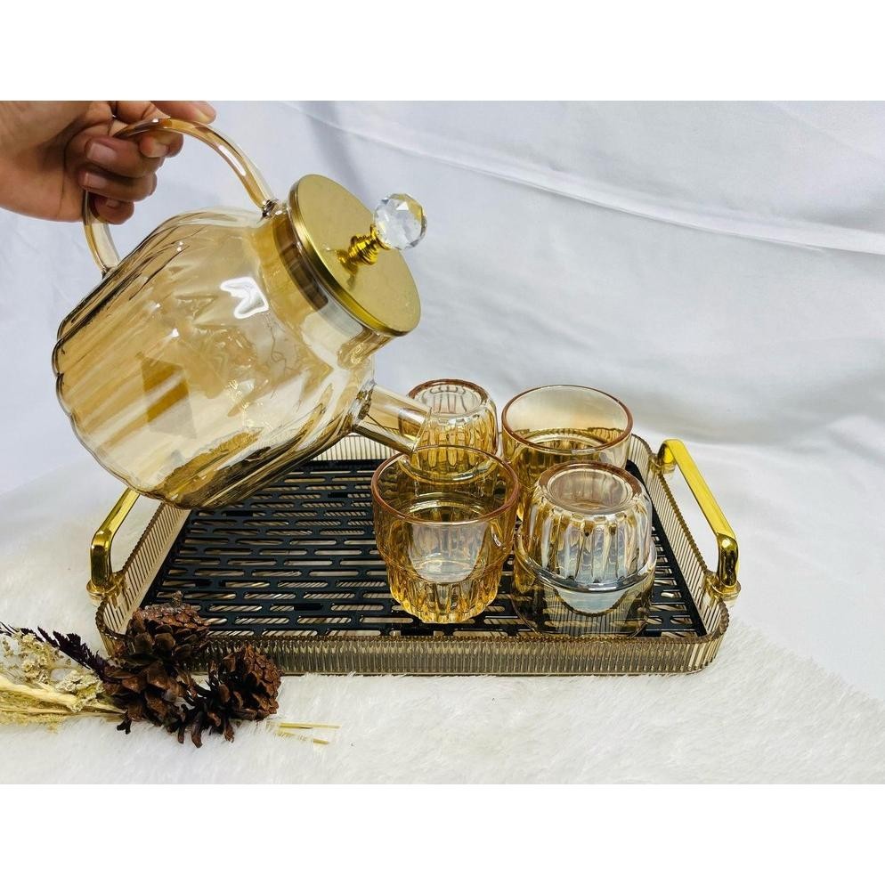 Teko Set kaca Pitcher Tea Pot Teko Air Motif Garis dengan Gelas 5in1