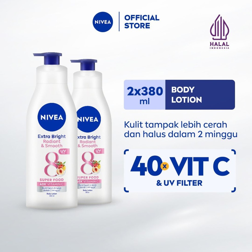 (PAKET HEMAT ISI 2) NIVEA Body Lotion Extra Bright Radiant & Smooth UV Filter 380ml - Hand body loti