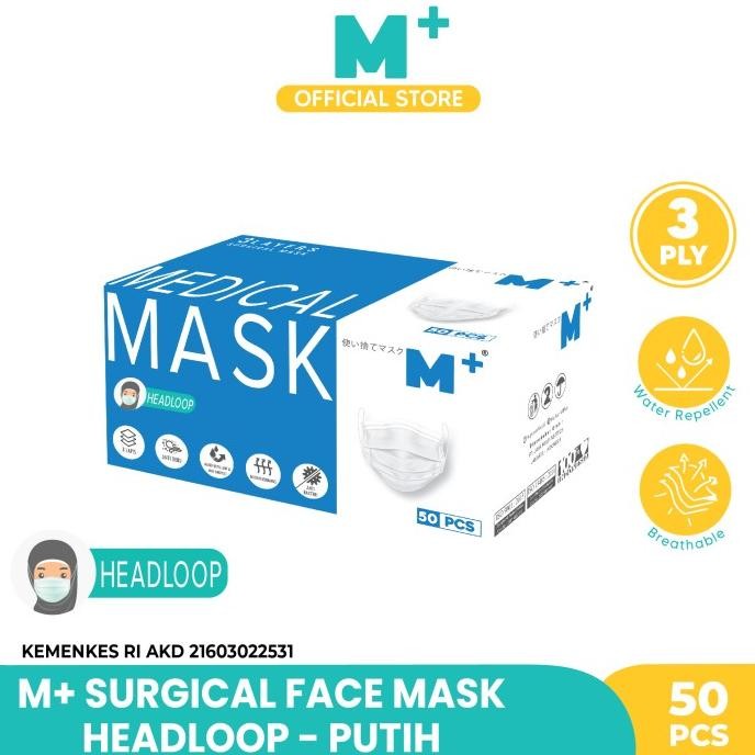 MASKER MEDIS HIJAB/HEADLOOP PUTIH M+ 3 PLY - MASKER ISI 50 PCS TERMURAH
