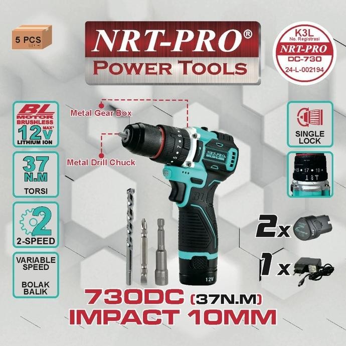 NRT-PRO DC730 HD Mesin Bor Cordless Drill 10MM Baterai Batre Tangan Beton Impact Tembok Charger Cas 