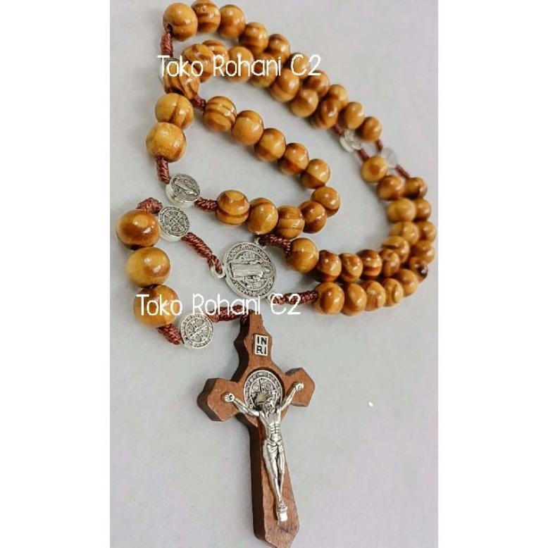 Best Seller GTU-712 Rosario Kayu Tali Salib Harces 10mm + Box - Rosario Kayu - Kalung Rosario Hemat 