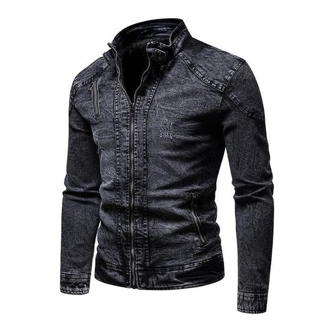 Grosir Jaket Jeans Jaket Denim Pria Krah Tinggi Resleting Biker Hitam Atasan Pria Distro Keren Kasua