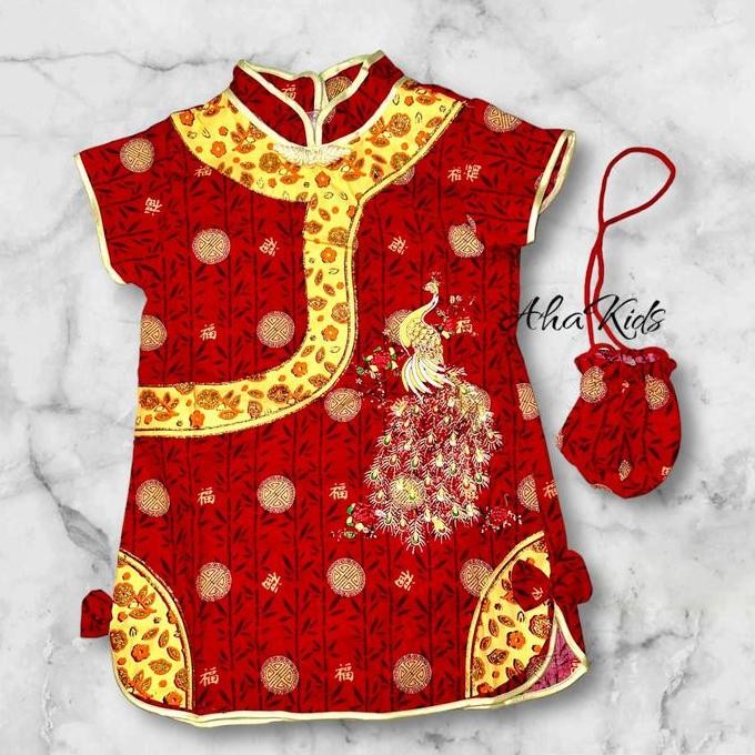Geraigo- Dress Cina Cheongsam Motif Burung Merak Anak Perempuan Lucu/Baju Cina Dress Anak Model Fash