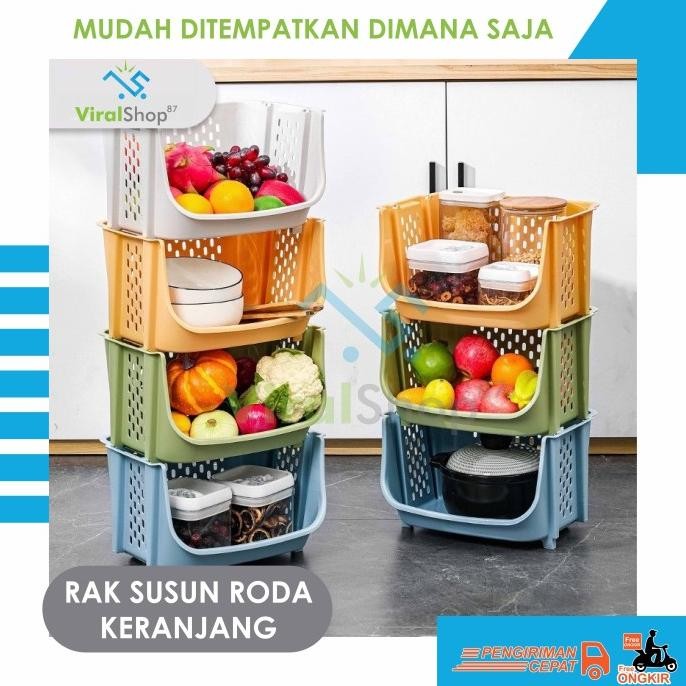 Keranjang Susun Rak Bumbu Dapur Serbaguna Rak Roda Plastik