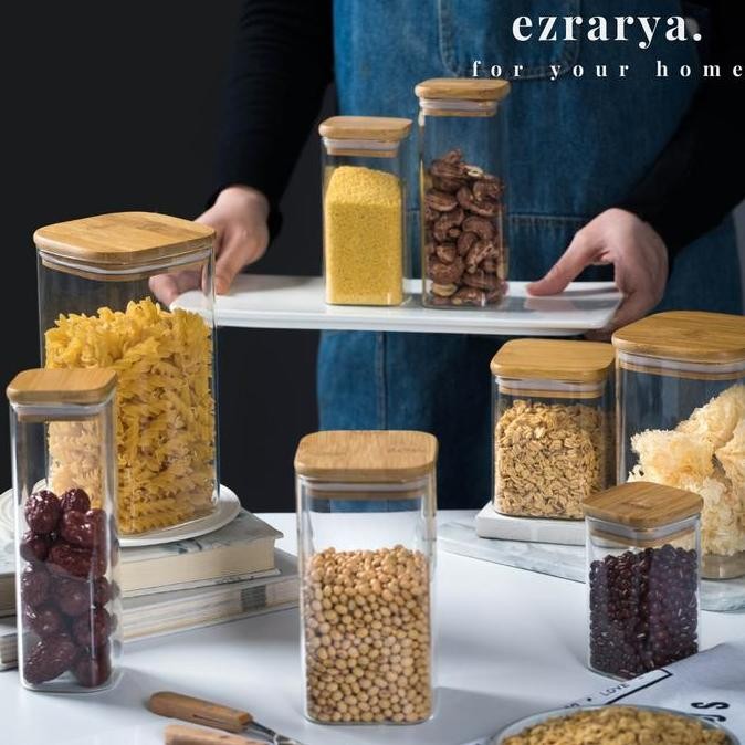 EZRARYA Toples Kaca Kotak Tutup Bambu L