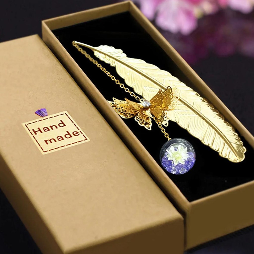 

1PC CHINESE STYLE METAL FEATHER BOOKMARK CREATIVE IMMORTAL DRIED FLOWER BUTTERFLY LEAF STUDENT BOOKMARK TEACHER'S DAY GIFT