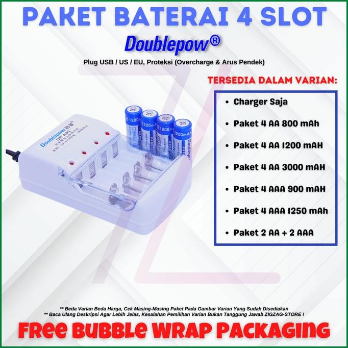 Doublepow Charger + 4 Baterai AA / AAA / Paket Baterai Cas Doublepow