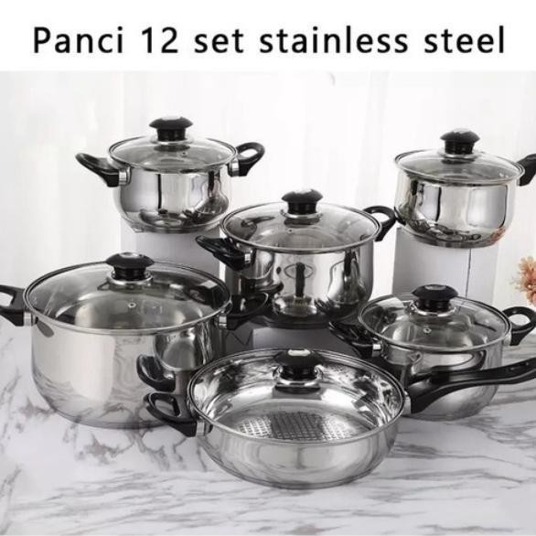 Panci Set 12pcs Panci Set Serbaguna Panci Set Stainless Steel TG-7 Teflon Stainless