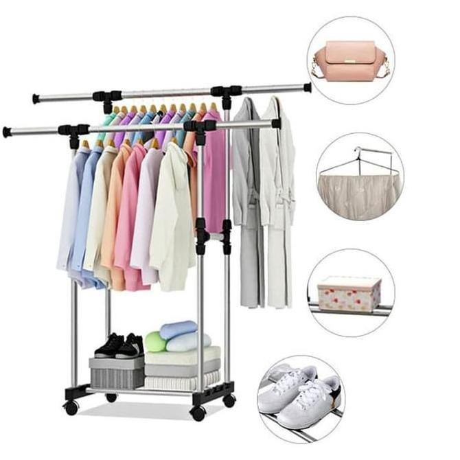 PROMO DOUBLE STAND HANGER - RAK GANTUNG SERBAGUNA / JEMURAN PAKAIAN STAINLESS / GANTUNGAN BAJU BONGK