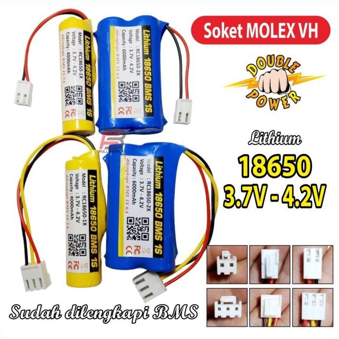 Terlaris Baterai Lithium 18650 3.7V Maxs 4.2V 6000Mah, Batre Edc, Batre Speaker, Soket Molex Vh 2 Pi