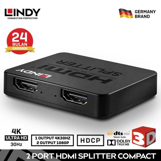Terlaris Splitter Hdmi Lindy Compact 2 Port Full Hd 4K 1080P 1 In 2 Out